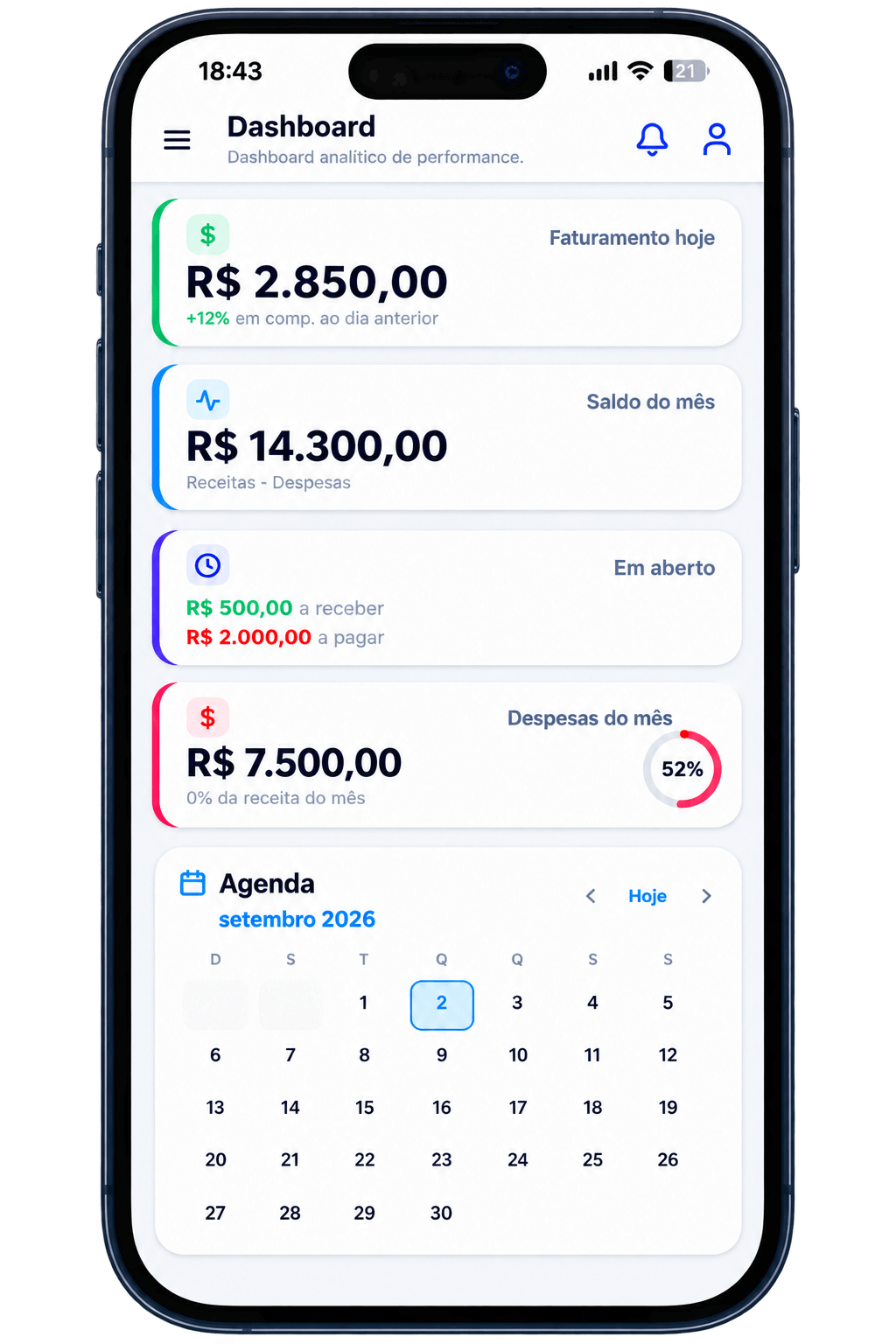 SISNA aberto no celular, mostrando os cartões de faturamento e a agenda